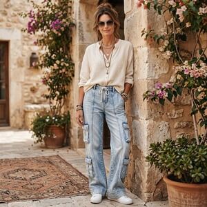 Hidden Los Angeles Light Wash Cargo Pants Women's Size 28 Y2K Utility Denim